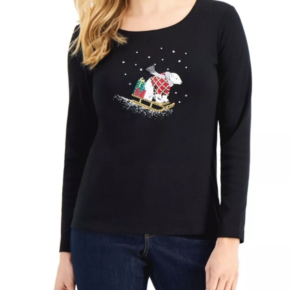 Karen Scott Graphic Christmas Polar Bear T-shirt Black Medium - Picture 2 of 5
